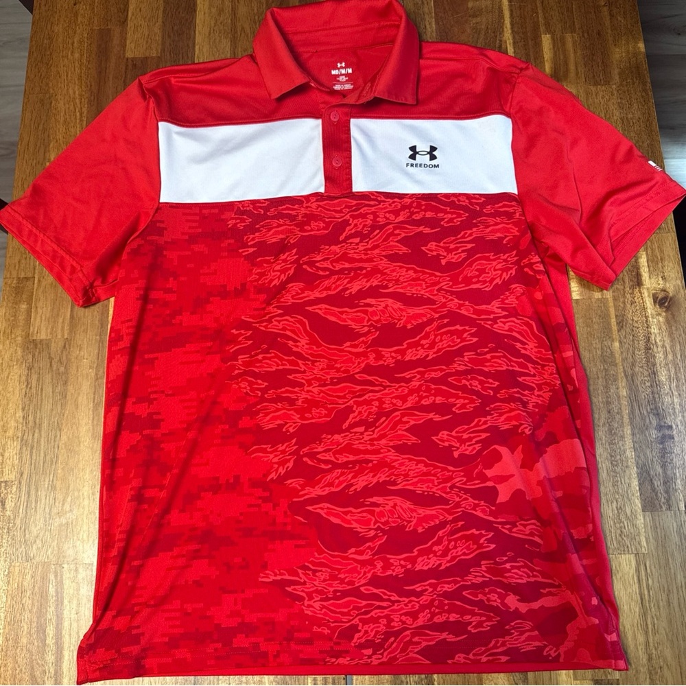 Under Armour Freedom Golf Polo Shirt Red Digi Camo USA American Flag Mens Med